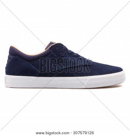 Vienna, Austria - August 25, 2017: Supra Phoenix Navy Blue And White Sneaker On White Background.