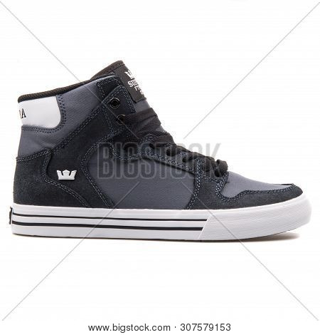 Vienna, Austria - August 25, 2017: Supra Vaider Charcoal And White Sneaker On White Background.