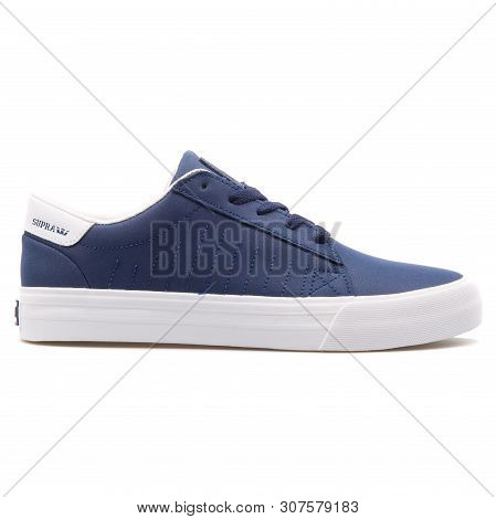 Vienna, Austria - August 25, 2017: Supra Belmont Navy Blue And White Sneaker On White Background.