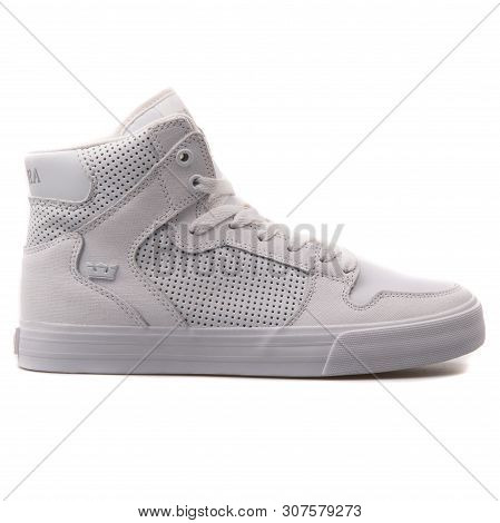 Vienna, Austria - August 25, 2017: Supra Vaider White Sneaker On White Background.