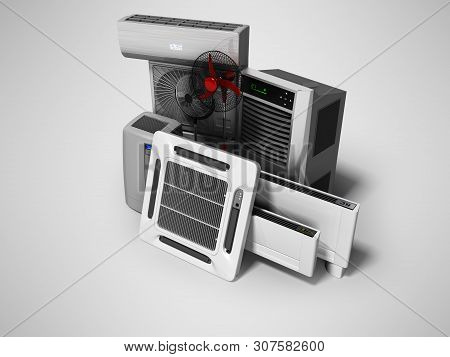 Concept Group Of Equipment For Cooling And Air Conditioning And Insulation 3d Render On Gray Backgro