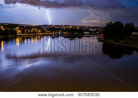 Thunderstorm With Lightning Above Moldau River In Prague, Czech Republic - June 20, 2019