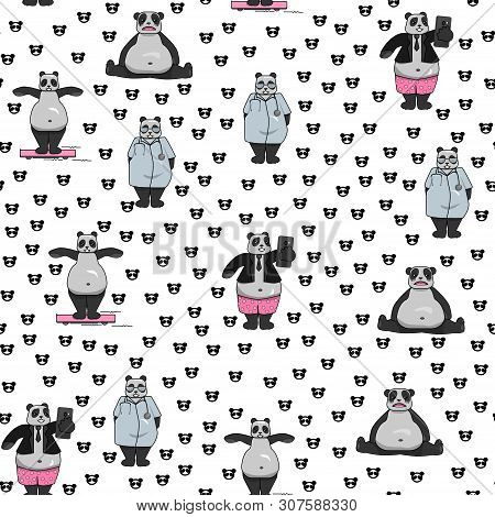Seamless Pattern With Different Cute Pandas. Pandas Among Us. Everyday Life