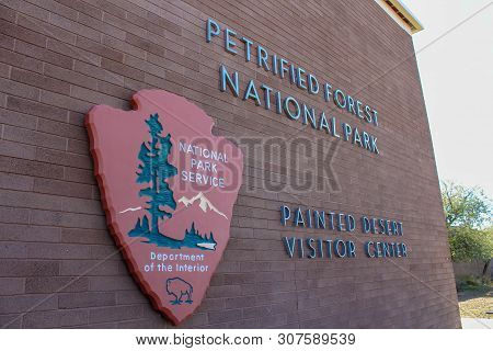 Petrifed Forest National Park Visitor Center Sign In Arizona Off Route 66 - November 3, 2018