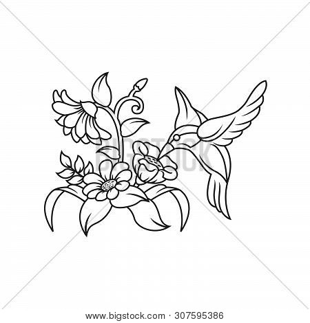 Isolated Outline Flower Icons With Humingbird In The Green Background From Holland Collection. Trend