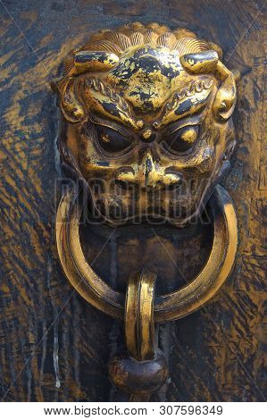Bronze Door Knocker Of Animal Head Of Qilin In Beijing