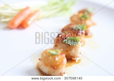 Close Up Of Pan Seared Sea Scallops
