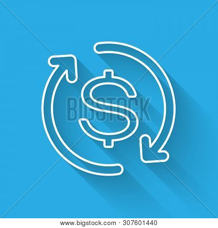 White Return Of Investment Icon Isolated With Long Shadow. Money Convert Icon. Refund Sign. Dollar C
