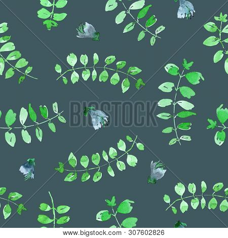 Seamless Pattern With Green Basil Flowers And Branches. Loose Watercolor Style.  Dark Seagreen Backg
