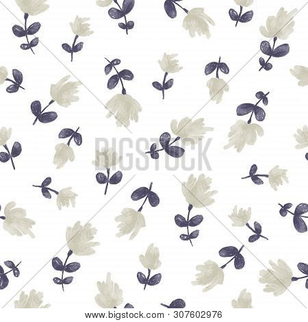 Seamless Pattern With Meadow Steelblue Leaves And Pale Flowers. White Background. Digital Painting
