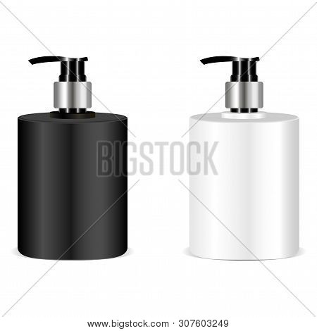 Black And White Soap Bottle Mockup. Illusrtation. 3d Realistic Bottles With Pump Set For Soap, Cream
