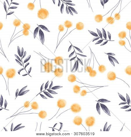 Seamless Pattern With Meadow Yellow Flowers And Steelblue Leaves. White Background. Digital Painting