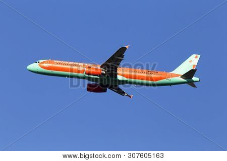 Borispol, Ukraine - June 21, 2019: Ur-wri Wind Rose Aviation Airbus A321-231 Aircraft On The Blue Sk