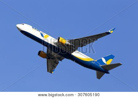 Borispol, Ukraine - June 21, 2019: Ur-azk Azur Air Ukraine Boeing 767-300 Aircraft On The Blue Sky B