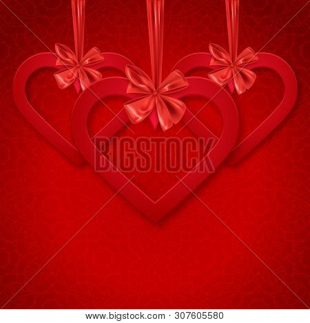 Happy Valentine's Day Decoraive Postcard Banner With Red Hearts And Decorative Ribbon Bow, Vector Il