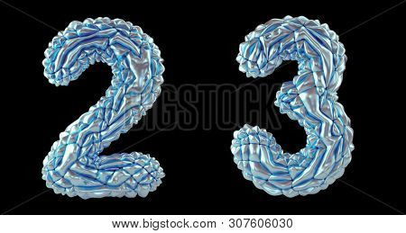 Number set 0, 1 made of crumpled foil. Collection symbols of crumpled silver foil isolated on black background. 3d rendering