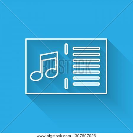 White Music Book With Note Icon Isolated With Long Shadow. Music Sheet With Note Stave. Notebook For