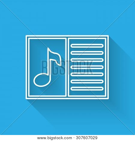 White Music Book With Note Icon Isolated With Long Shadow. Music Sheet With Note Stave. Notebook For