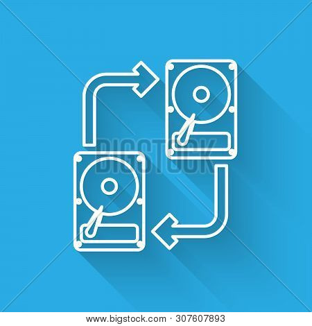 White A Fixed Data Storage Device Hard Disk With Arrows, Data Copy Line Icon Isolated With Long Shad