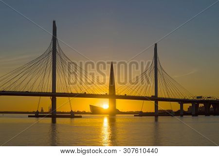 Saint Petersburg, Russia - May 28, 2018: Silhouettes Of Cable-stayed Bridge Of The Western High-spee
