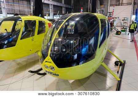 Tyumen, Russia - June 5, 2019: Aircraft Repair Helicopter Utair Engineering Plant. Robinson R44 Heli