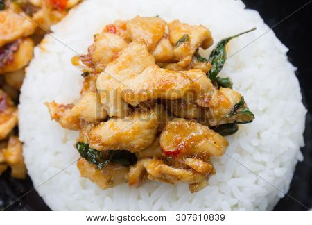 Stir-fried Chicken And Holy Basil On Rice Or Thai Food Recipe Center Frame. Stir-fried Chicken And H