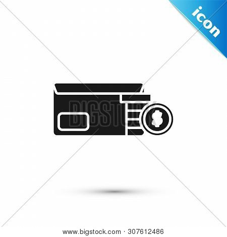 Black Envelope With Coin Dollar Symbol Icon Isolated On White Background. Salary Increase, Money Pay