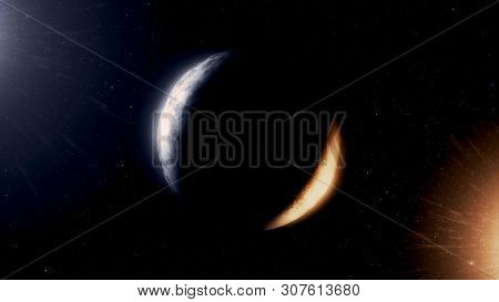 Abstract Rotating Planet In The Shadow Lighted By Moon From One Side And By Sun From The Other. Anim