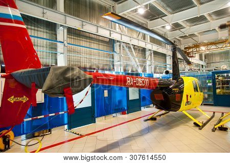 Tyumen, Russia - June 5, 2019: Aircraft Repair Helicopter Utair Engineering Plant. Robinson R44 Heli