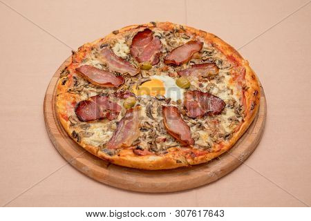 Traditional Pizza With Proscuitto And Egg Italian Cuisine