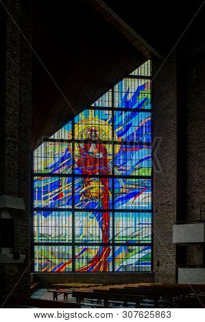 Rypin, Poland - 2018.04.26: Glass Painting Inside The Church Of The Sacred Heart Of Jesus, Rypin, Po