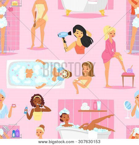 Woman Bathing In Bathroom Vector Beautiful Girl Character In Bathrobe Cleaning Teeth And Washing In 