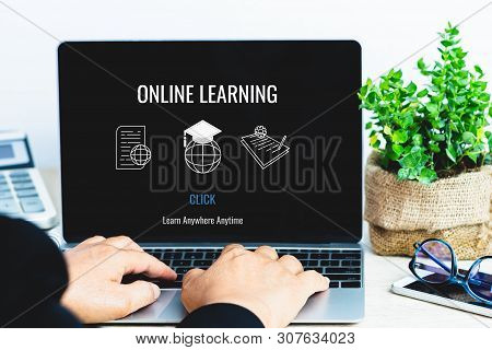 Online Tutorial, Training Education And E-learning Concept. Student University Learn On Computer Lap