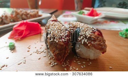 Unagi Sushi Rolls - Japanese Traditional Food Anago (grill Eel). Japanese Sushi Concept