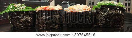 Healthy Japanese Food. Gunkan-maki With Chuka And Sesame, Gunkan-maki With Smoked Chicken