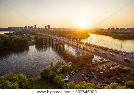 Panorama Of Moscow At Sunset, Russia. Aerial Scenic View Of Moskva River In Moscow Northwest. Beauti