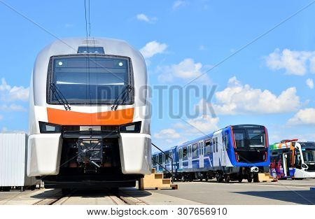 European High-speed Passenger Train And Modern Subway Rolling Stock And Tramway On An Open  Railway 