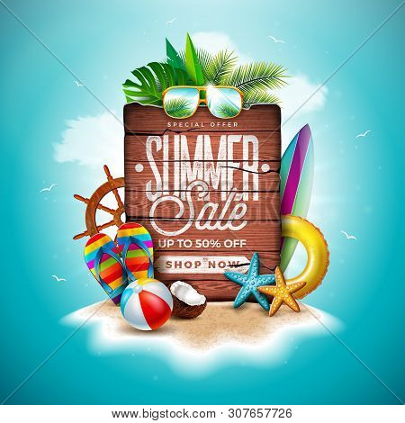 Summer Sale Design With Exotic Palm Leaves And Vintage Wood Board On Tropical Island Background. Vec