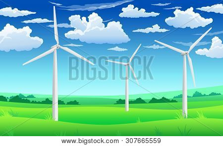 White Wind Generators Mills, Wind Turbine On Green Field, Wind Energy Eco Concept