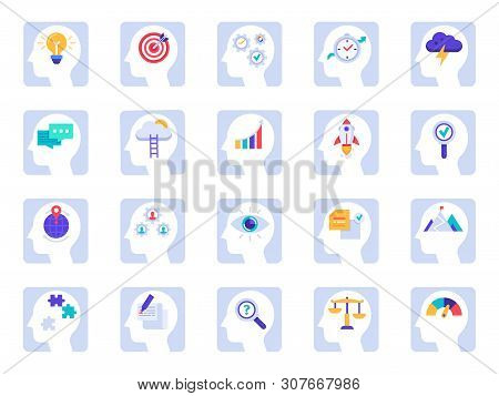 Brain Thinking Process Icons. Business Idea, Success Solution In Businessman Head And Human Brains P