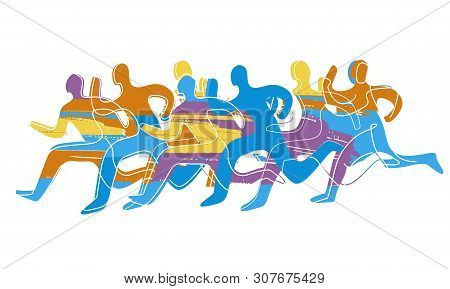 Running Race, Marathon. Colorful Expressive Stylized Illustration Of Running Racers. Vector Availabl