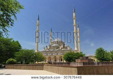 Domes And Minarets Of The Akhmat Kadyrov Heart Of Chechnya Mosque On A Sunny Summer Day