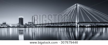 Panorama Night City Of Krasnoyarsk Bridge In Lights