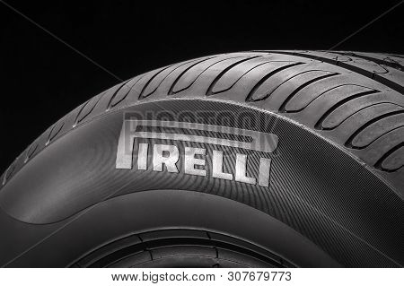 Krasnoyarsk, Russia, 2019, 24 May: Pirelli Logo On The Side Of The New Summer Tire. Close-up, Black 