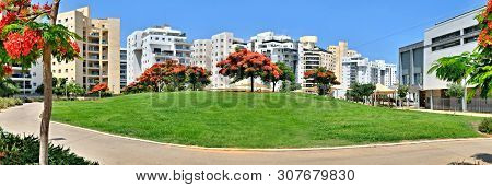 Panorama Of A New Residential Area With Modern Houses And A Large Landscaping Of The Territory Of Th