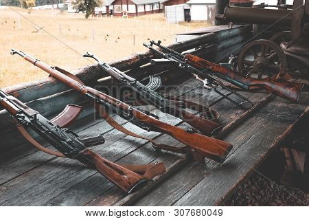 Military Training. The Weapon Is At The Ready. Machine Guns, Rifles, And Machine Guns. All Different