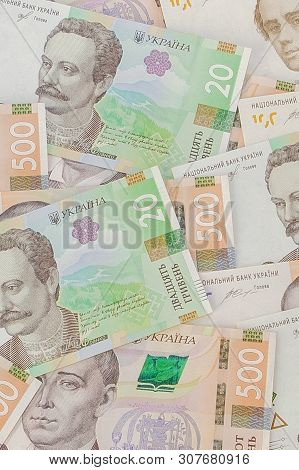 Background With New Banknotes Ukrainian Hryvnia. Inflation, Business. Econimics And Finance Theme