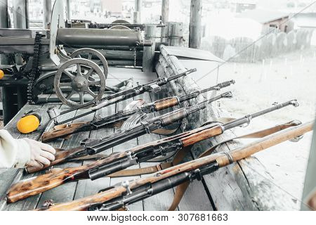 Military Training. The Weapon Is At The Ready. Machine Guns, Rifles, And Machine Guns. All Different