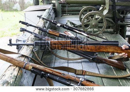 Military Training. The Weapon Is At The Ready. Machine Guns, Rifles, And Machine Guns. All Different