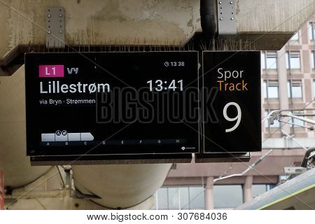 Oslo, Norway - June 20, 2019: Platform Information Sign For Train On Line L1 With Destination Lilles